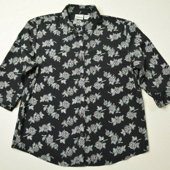 VTG Modern Essentials Sz L Womens BLACK White FLORAL 3/4 Sleeve Button Up BLOUSE - Picture 1 of 9